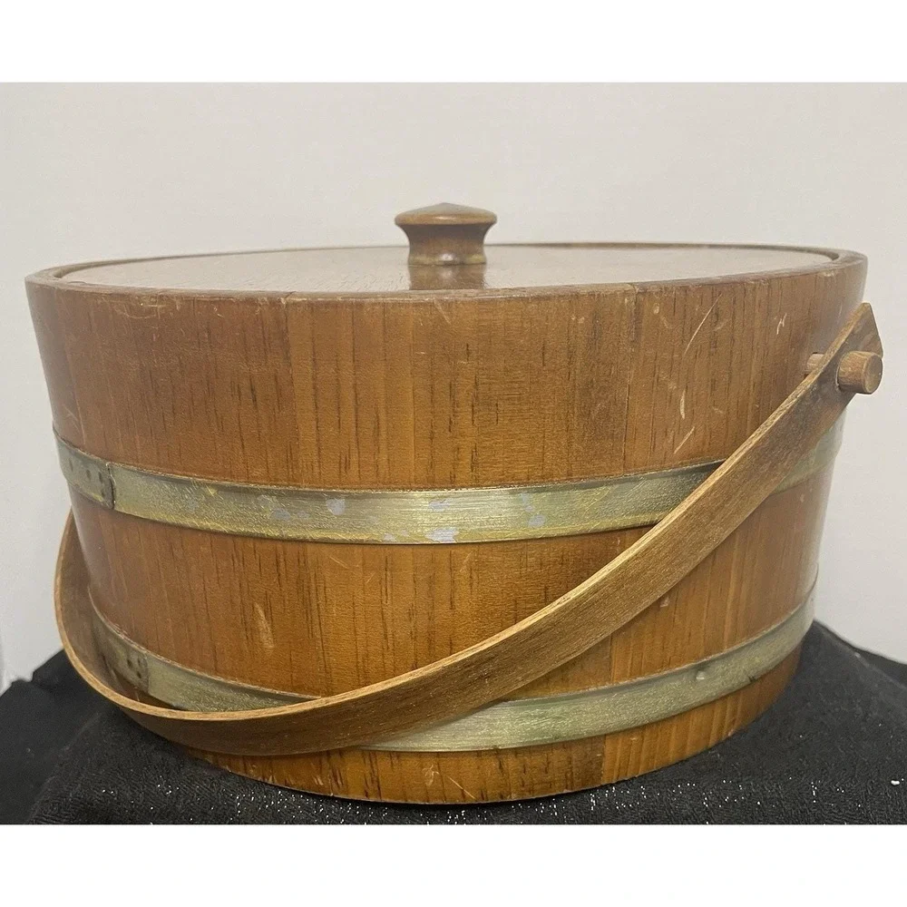 Vintage Wooden Firkin Sugar Bucket Swing Handle Lid 2 Brass Bands 12